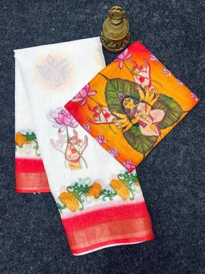White red linen cotton digital printed saree 1