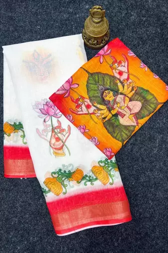 White red linen cotton digital printed saree