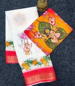 White red linen cotton digital printed saree