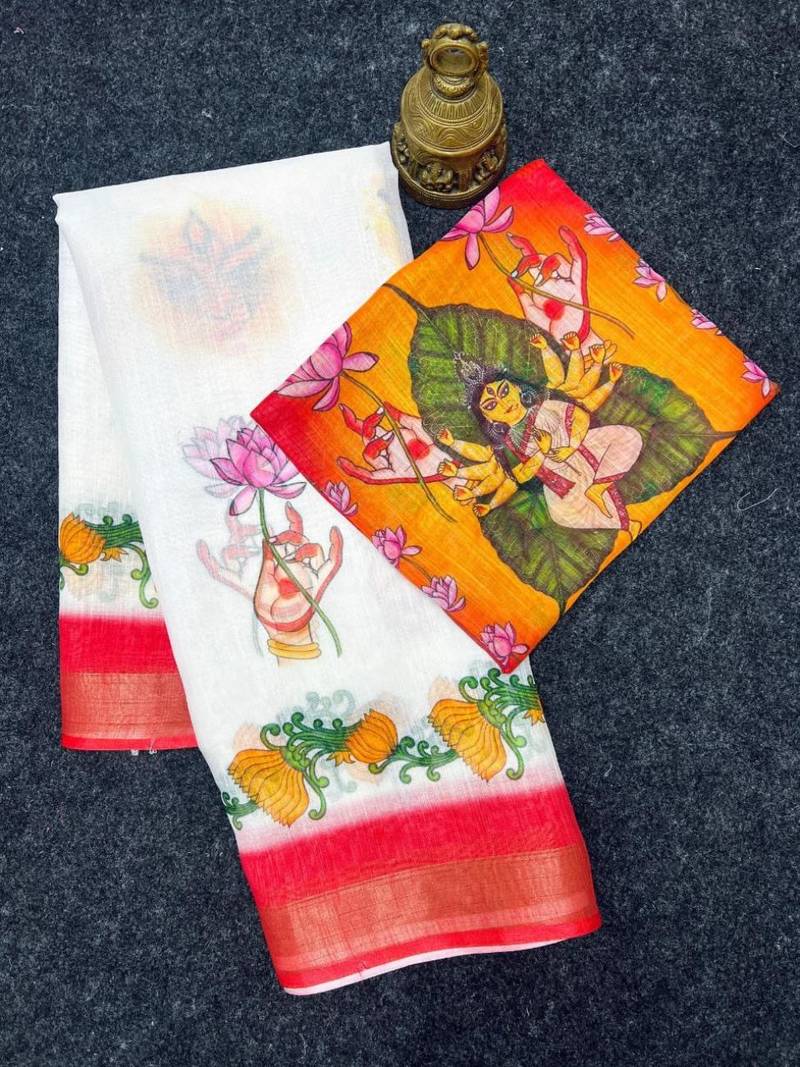 White red linen cotton digital printed saree