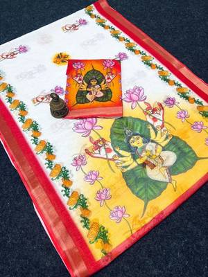 White red linen cotton digital printed saree 2