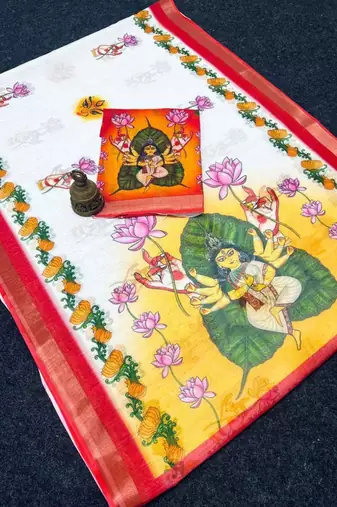 White red linen cotton digital printed saree