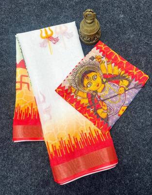 White red maa durga printed linen cotton saree 1