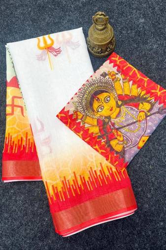 White red maa durga printed linen cotton saree