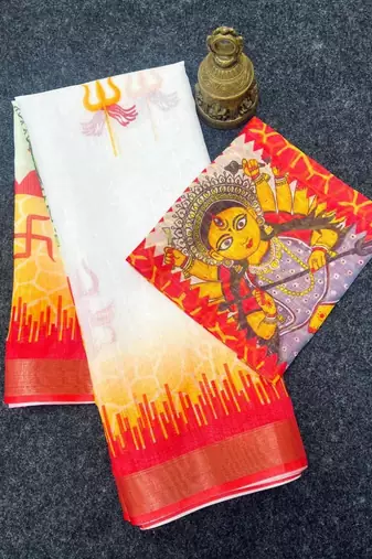 White red maa durga printed linen cotton saree