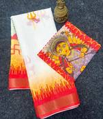 White red maa durga printed linen cotton saree