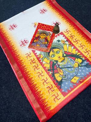 White red maa durga printed linen cotton saree 2