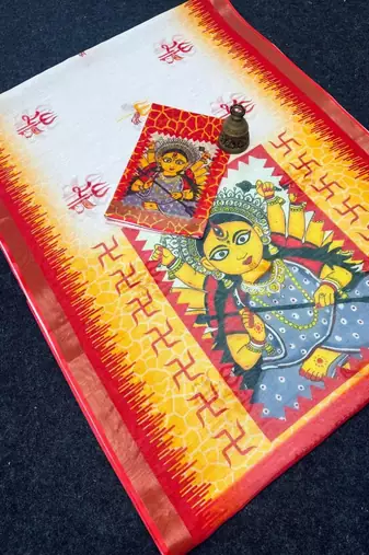 White red maa durga printed linen cotton saree