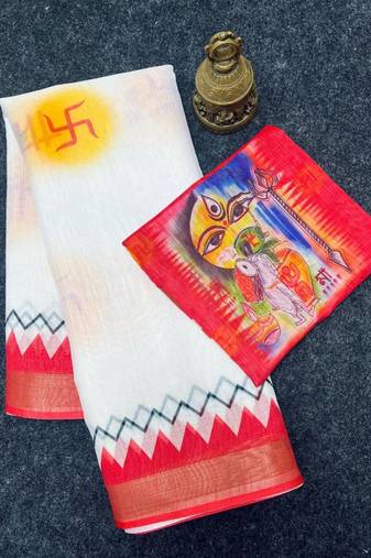 White red digital printed linen cotton durga pooja saree