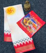 White red digital printed linen cotton durga pooja saree