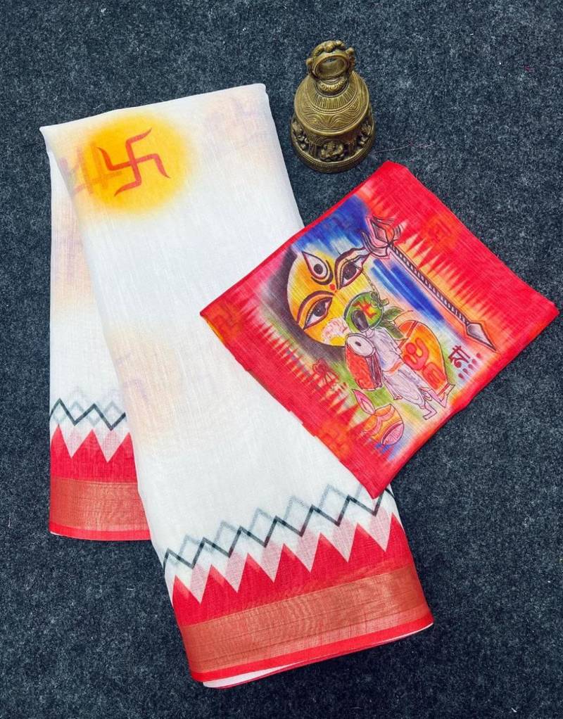 White red digital printed linen cotton durga pooja saree