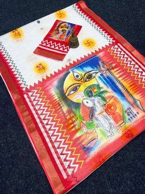 White red digital printed linen cotton durga pooja saree 2