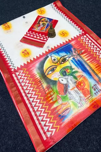 White red digital printed linen cotton durga pooja saree