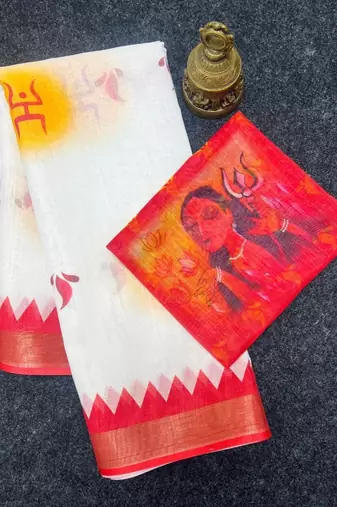 White red linen cotton digital printed durga pooja sarees