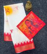 White red linen cotton digital printed durga pooja sarees