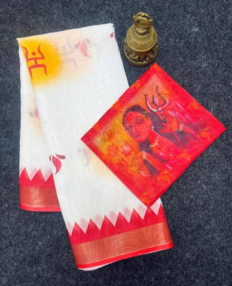 White red linen cotton digital printed durga pooja sarees