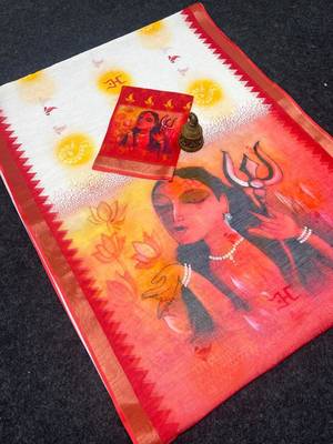 White red linen cotton digital printed durga pooja sarees 2