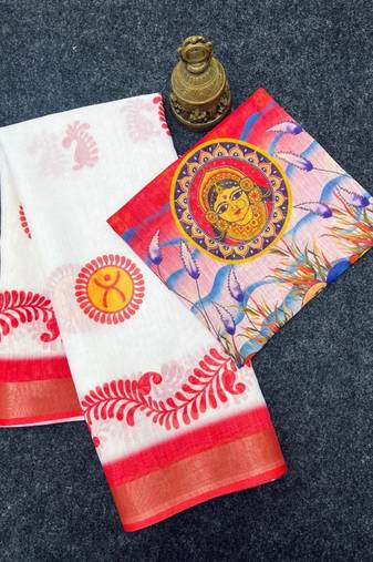 White red linen cotton digital printed durga pooja saree with red blouse