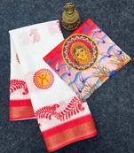 White red linen cotton digital printed durga pooja saree with red blouse