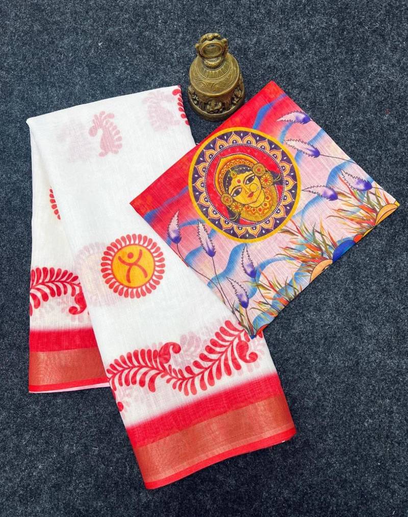 White red linen cotton digital printed durga pooja saree with red blouse