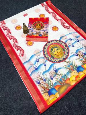 White red linen cotton digital printed durga pooja saree with red blouse 2