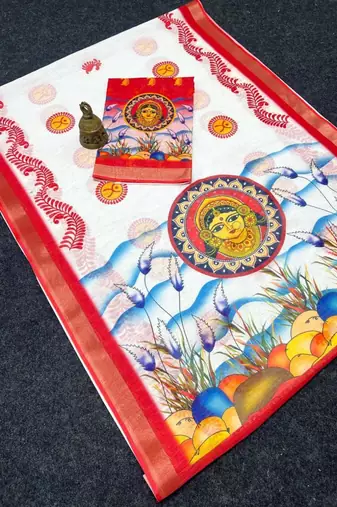 White red linen cotton digital printed durga pooja saree with red blouse