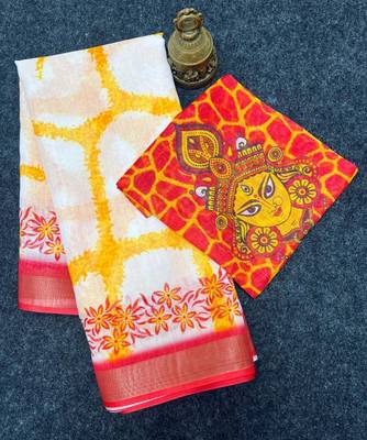 White red linen cotton digital printed bengali style saree 1