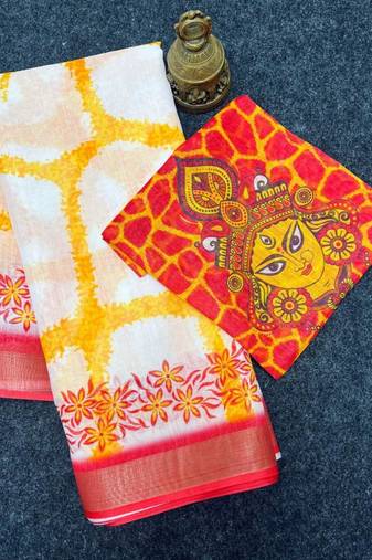 White red linen cotton digital printed bengali style saree