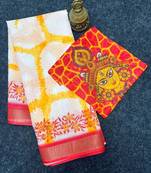 White red linen cotton digital printed bengali style saree