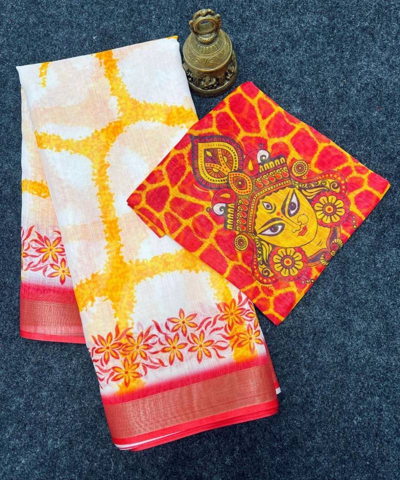 White red linen cotton digital printed bengali style saree