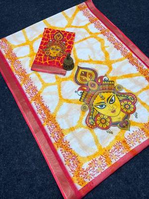 White red linen cotton digital printed bengali style saree 2