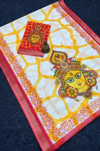 White red linen cotton digital printed bengali style saree