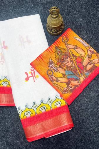 White red linen cotton durga maa print saree with unstitched blouse