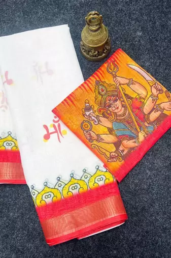 White red linen cotton durga maa print saree with unstitched blouse