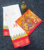 White red linen cotton durga maa print saree with unstitched blouse