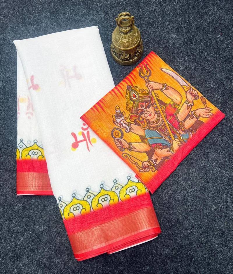 White red linen cotton durga maa print saree with unstitched blouse