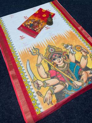 White red linen cotton durga maa print saree with unstitched blouse 2