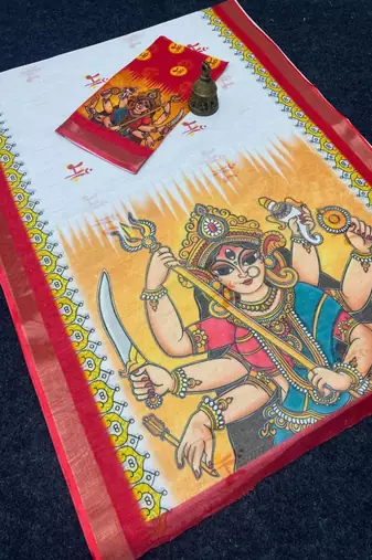 White red linen cotton durga maa print saree with unstitched blouse