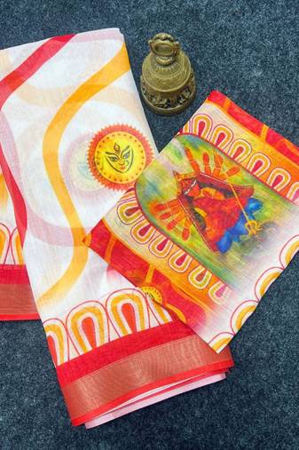 White red linen cotton durga maa digital print saree