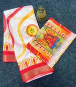 White red linen cotton durga maa digital print saree