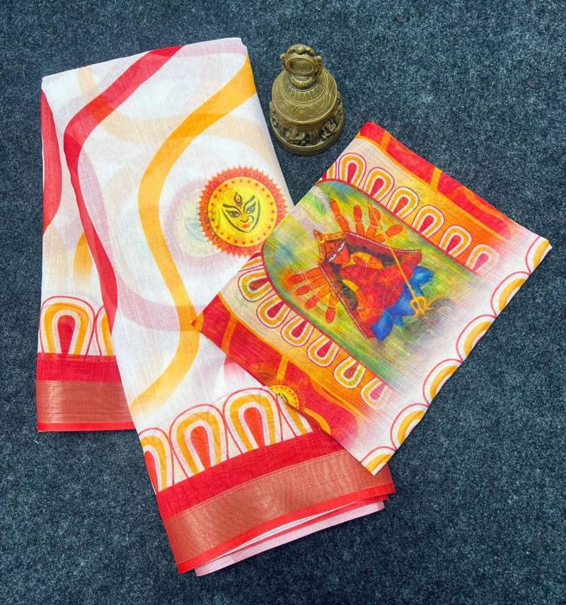 White red linen cotton durga maa digital print saree