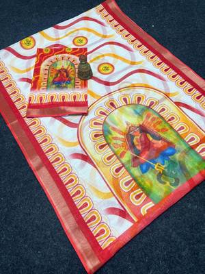White red linen cotton durga maa digital print saree 2