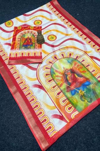 White red linen cotton durga maa digital print saree