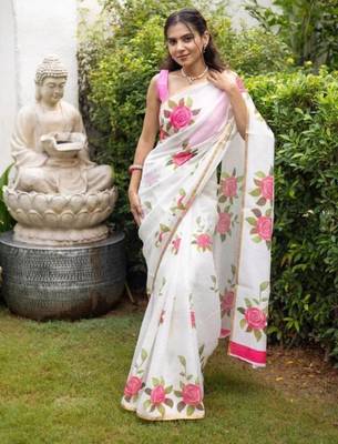 White and pink flower printed linen cotton sarees with un-stitched blouse 1
