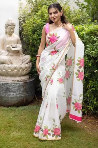 White and pink flower printed linen cotton sarees with un-stitched blouse