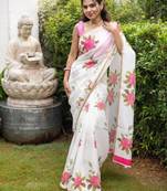 White and pink flower printed linen cotton sarees with un-stitched blouse