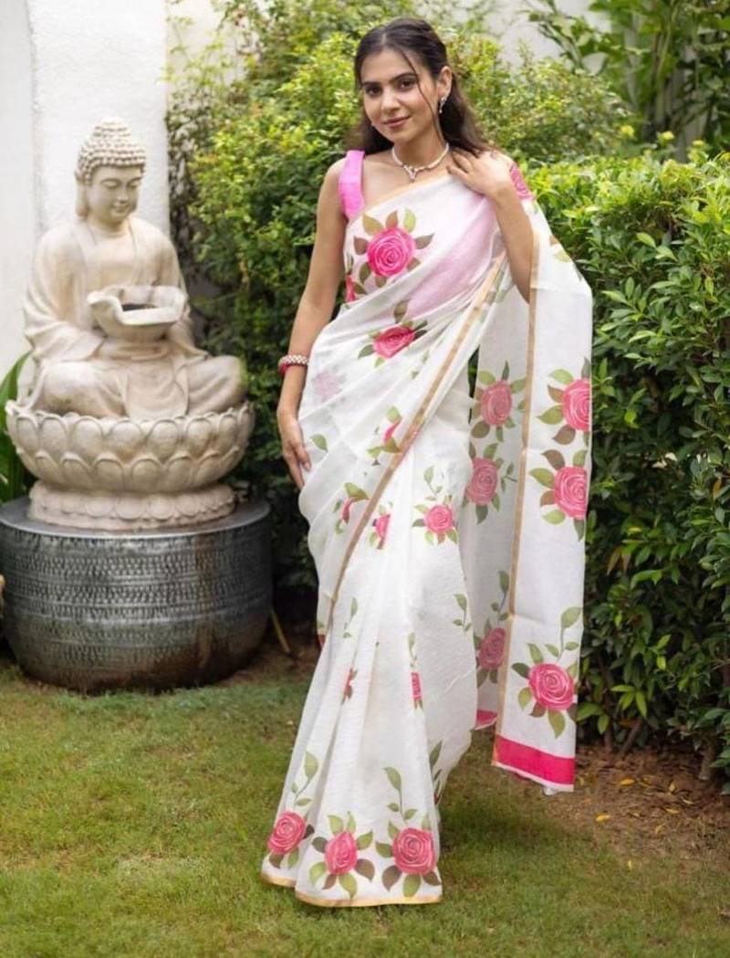White and pink flower printed linen cotton sarees with un-stitched blouse