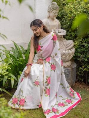 White and pink flower printed linen cotton sarees with un-stitched blouse 2