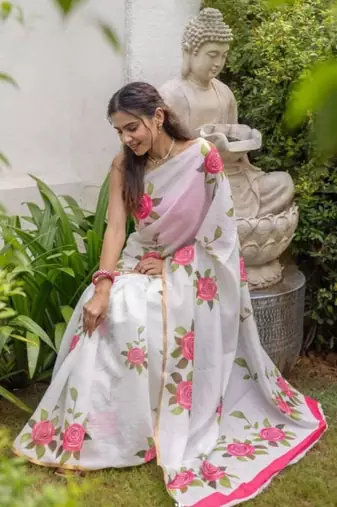 White and pink flower printed linen cotton sarees with un-stitched blouse
