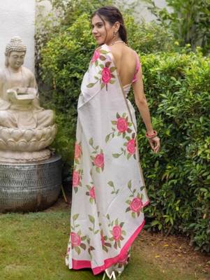 White and pink flower printed linen cotton sarees with un-stitched blouse 3